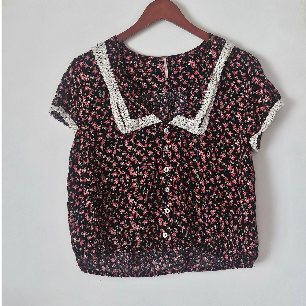 Free‎ People Ana Black Floral Print Button-Up Top Sz M Boho Cottagecore Coquette